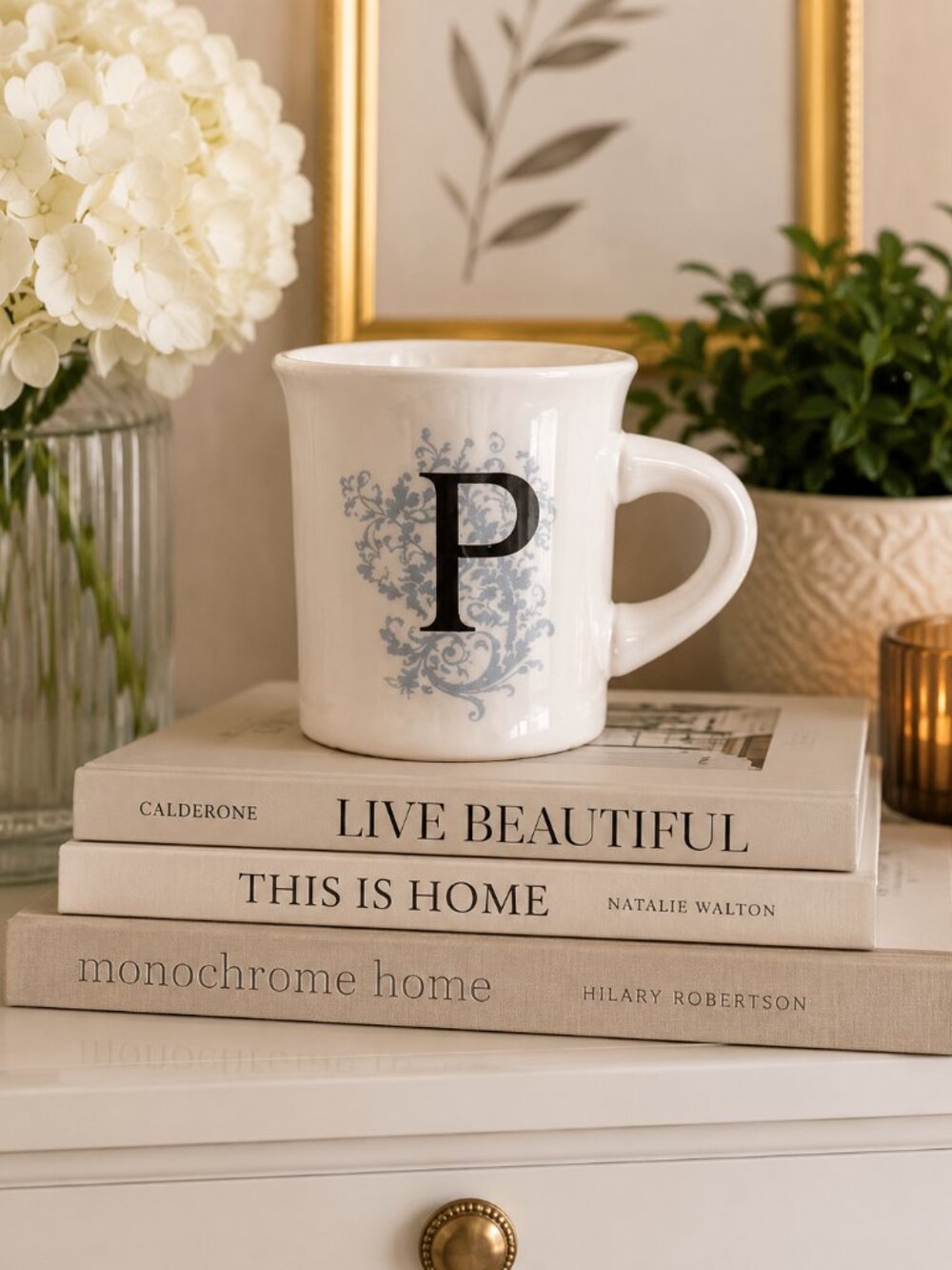 Anthropologie Fishs Eddy Monogram P Mug Ceramic Coffee Cup 14 oz New